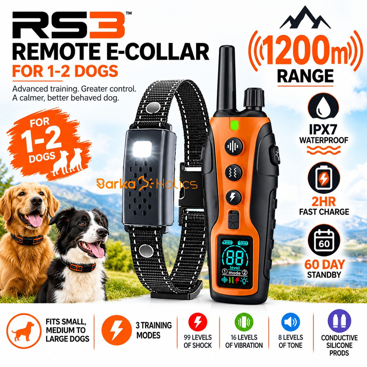 RS3 Remote Dog Training Collar 1-2 Dogs 1200m